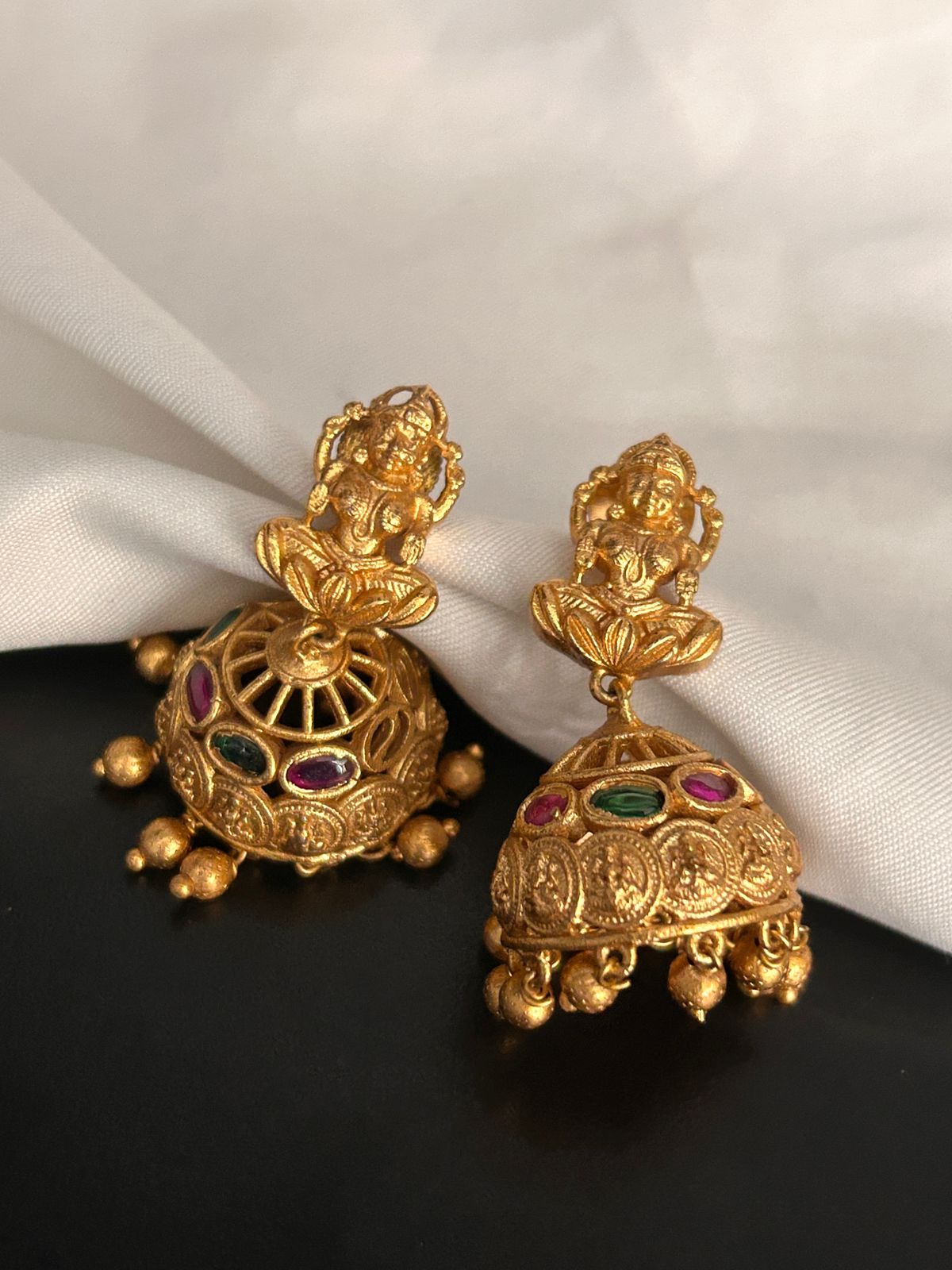 Antique Lakshmi Temple Jhumka Earrings with Ruby & Emerald Stones